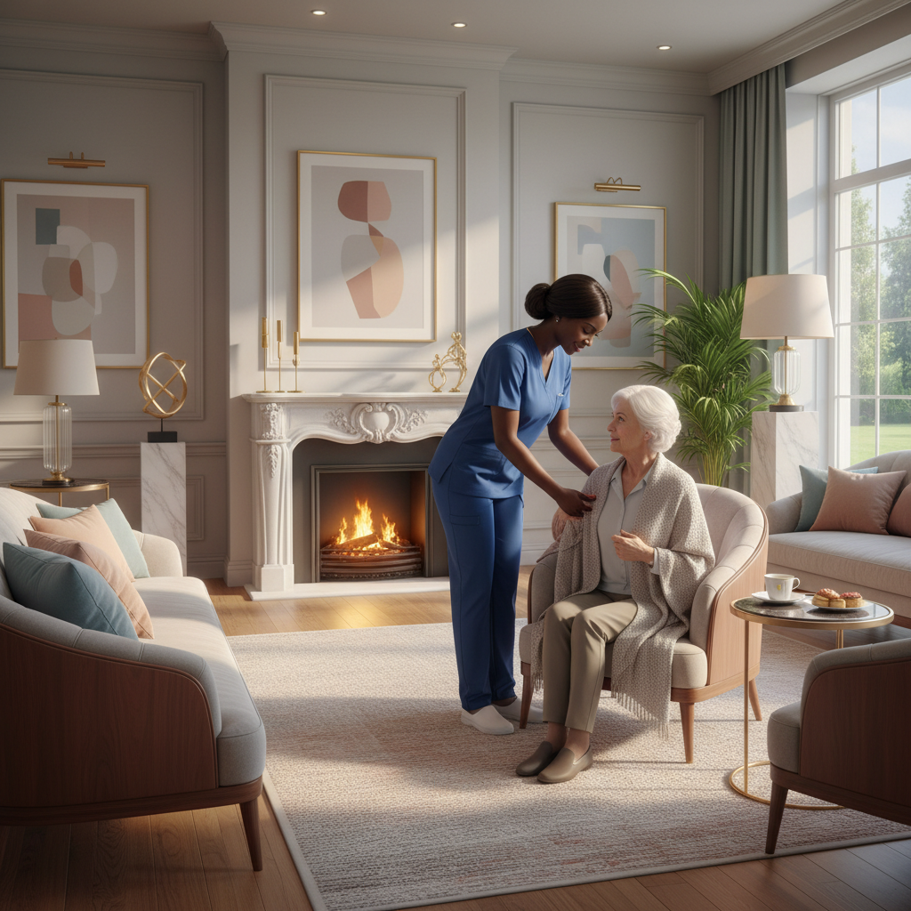 Black nurse providing compassionate bedside assisted living care to patient in upscale home setting